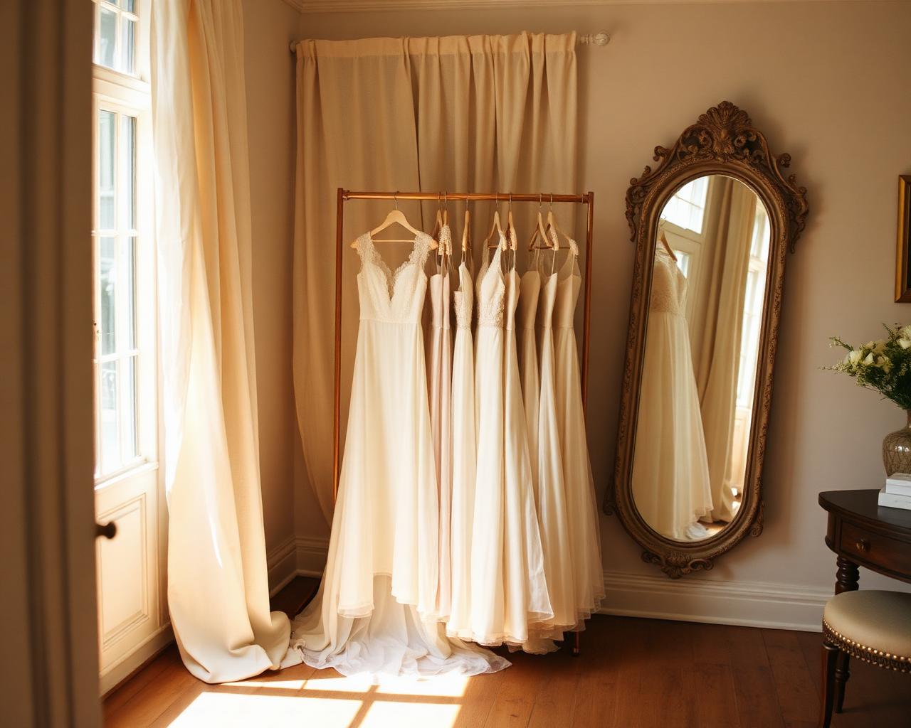Quiet bridal atelier interior with dresses on wooden hangers